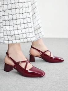 CUCCOO BIZCHIC New Stylish Mary Jane Pumps Women Chunky Heels Slip On Sandals - Burgundy - View 4