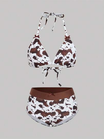 SHEIN MOD Women's Cow Print Swimsuit Set, Suitable For Beach & Vacation, Beach Outfit,Carnival Costume For Women ,Summer Holiday Outfits,Vacation Outfits