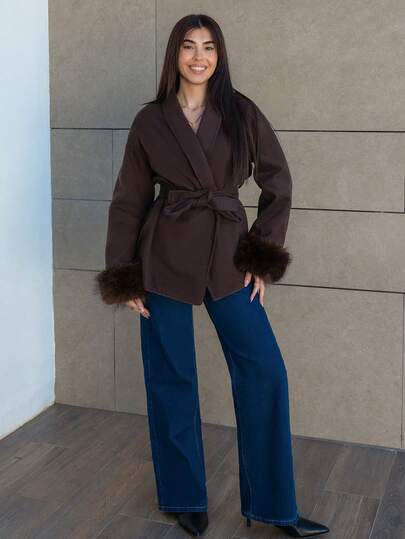 Hitanina Fashionable Fuzzy Cuff Coffee Color Overcoat, Autumn/Winter,Fall