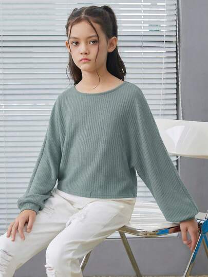 SHEIN Leap Crew Tween Girl 复古罗纹宽松短款长袖 T 恤