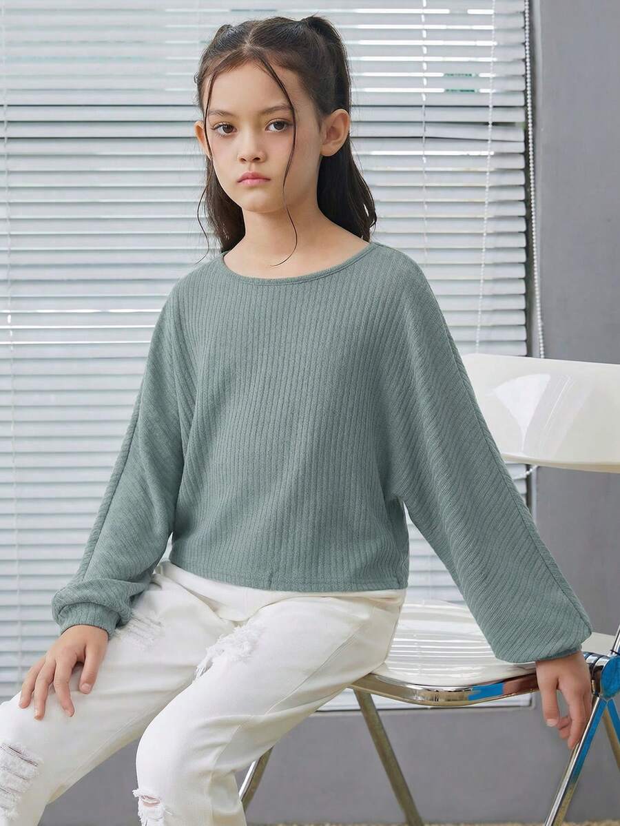 SHEIN Leap Crew Tween Girl 复古罗纹宽松短款长袖 T 恤 - 青碧色 - 查看 1