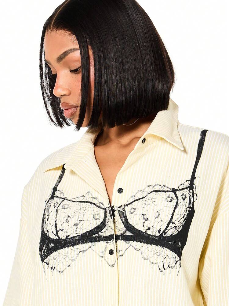 SUMWON WOMEN Striped Shirt With Bra Graphic Print