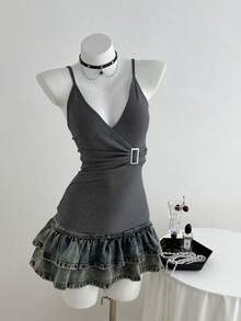 Elamini 女士休闲纯色吊带背心，夏季 - 深灰色 - 查看 3