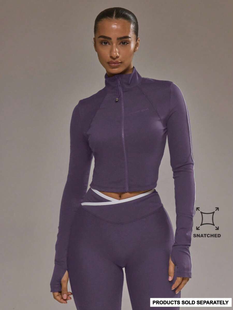 Musera Sport جاكيت قصير مع تفاصيل خطوط مزيّن بسحّاب، للرياضة والتمرين والجيم في فصل الشتاء - الأرجواني - مشاهدة 1
