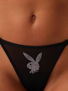 Missguided x Playboy Rhinestone Bunny Logo Thong Underwear With Hotfix Crystal Embellishment Intimate Apparel, Sexy Outfit - Black - View 4