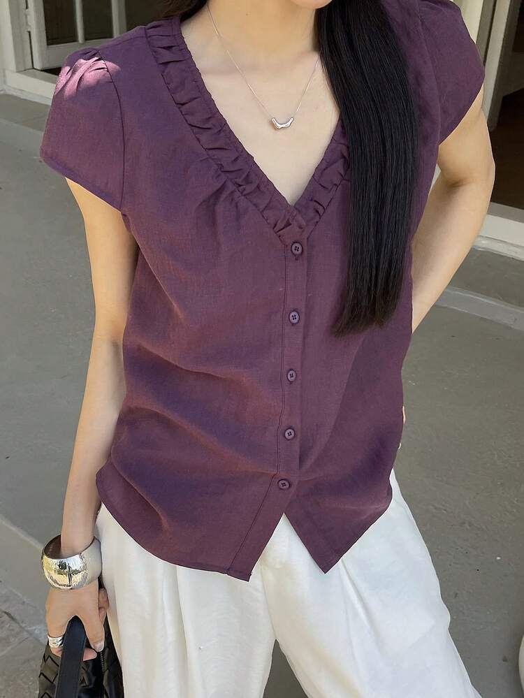 Women's Casual Daily Commute Simple Solid Color V-Neck Cap Sleeve Button Front Blouse, Summer