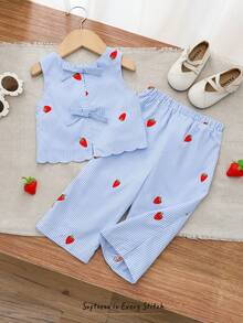 Cozy Pixies 2件套女婴草莓印花圆领无袖上衣和松紧腰裤套装 - 藍色 - 查看 10