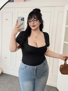 CovetEZ Bodyduit informal de verano negro con aplicaciones de strass en el cuello para tallas grandes - Negro - Ver 1