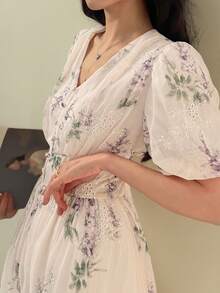DAZY 女士优雅花卉刺绣V领泡泡袖中长连衣裙，春夏婚礼宾客礼服/吊带裙 - 淺粉色 - 查看 8