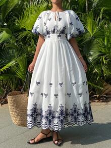 DAZY Women's Elegant Floral Print Tie-Waist Mid-Length Dress, Spring/Summer - Black - View 6