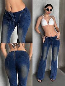 SHEIN ICON Quần jeans ống loe phong cách retro vintage dành cho nữ cỡ lớn, kiểu dáng đường phố sành điệu, màu xanh đậm. - Màu xanh hải quân - Xem 5