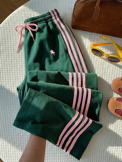 Comfortcana 女士休闲撞色裤，侧条纹松紧腰宽松运动裤，百搭休闲街头风，适合夏季穿着