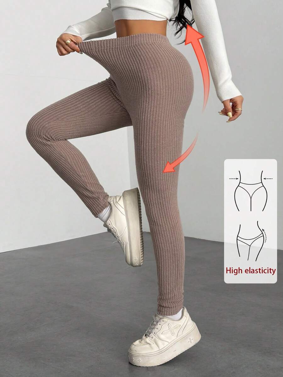 SHEIN PETITE 女士罗纹高腰四季打底裤 - 棕色 - 查看 1