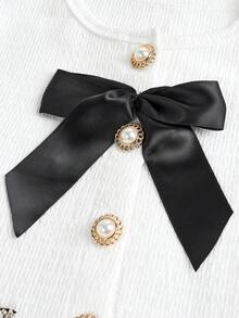 SHEIN Tween Girl Woven Tweed Faux Pearl Button Bow Decor Top And Skirt Elegant 2-Piece Set, French Elegant Lady Style - Black and White - View 4