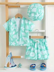 SHEIN 3pcs/Set Baby Boy Casual Vacation Cute Shell Pattern Short Sleeve Shirt, Swim Trunks And Sun Hat Set, Suitable For Beach, Surfing, Vacation, Swimming, Sun Protection,Kids - Mint Green - View 3