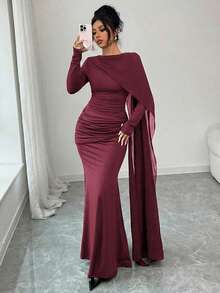 Elenzga Asymmetric Cape Collar Swing Waist Pleated Metal Decor A-Line Elegant Romantic Sophisticated Women's Dress, Velvet Fabric, Autumn/Winter - Burgundy - View 4