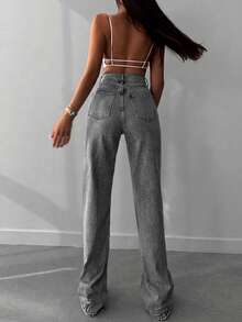 SHEIN Tall 100%纯棉女士斜插口袋休闲直筒牛仔裤 - 灰色 - 查看 2