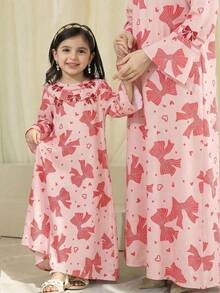 SHEIN 女孩休闲度假甜美可爱蝴蝶结刺绣印花长裙 - 粉色 - 查看 7