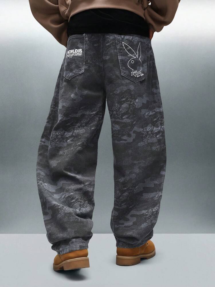 PLAYBOY X SUMWON Camo Printed Wide Leg Pants With Logo