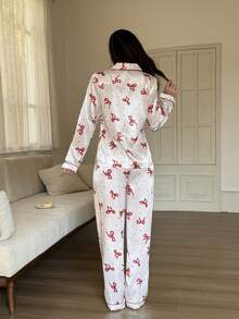 蝴蝶结波点仿丝绸女士长袖睡衣套装 - 白色 - 查看 3