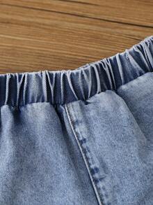 SHEIN Streecool Kids 男童牛仔套装（2件套），短袖衬衫+牛仔裤，休闲复古风，宽松直筒版型，舒适百搭，适合日常穿着、上学、通勤、聚会、居家、节日等场合，2016春季新款 - 中等水洗藍 - 查看 8