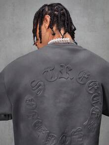 AXEPEAK Men's Casual Loose Gothic Letter Drop Shoulder Crewneck Short Sleeve T-Shirt With Air Layer Suede Embossed Design, Summer, Streetwear Edition - Dark Grey - View 4