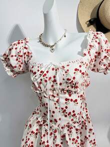 Breezaya 女士露肩泡泡袖花卉纹理荷叶边下摆连衣裙 - 紅色 - 查看 6