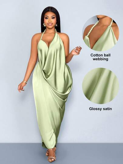 SOLERSUN Plus Size Women's Dresses, Sexy And Elegant, Suitable For Commuting, Vacations, Beach Parties, Valentine's Day, Spring/Summer, Retro Chic, Minimalism, AU Girly Au Beachweekend Artistic Accessories V-Neck Green Dress,Spring And Summer,Quiet Luxury Vacation