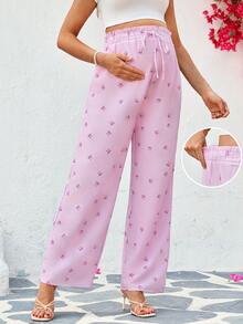 SHEIN Maternity Flared Leg Loose Casual Pants With Waist Tie Bow Floral Print - Pink - View 1