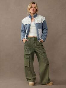 WESTFADE Mock Neck Zipper Front Long Sleeve Ditsy Floral Puffer & Eyelet Ruffle Relaxed Fit Teddy Sherpa Jacket Casual Cute, Boho, Fall, Autumn, Winter, Christmas, Holiday, NYE, Western Wear