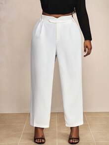 Truni Plus Size Solid Color Straight-Leg Pants With Diagonal Pockets, For Pear Triangle Body Shape - White - View 4