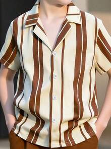 Vacaura 青少年男孩休闲舒适条纹衬衫上衣和短裤套装（2件套） - 棕色 - 查看 3