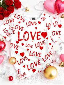 Manfinity Homme Unisex Valentine's Day LOVE + Heart Graphic Full Print White Short Sleeve Crew Neck T-Shirt Couple Tshirt Love Graphic Tee - Multicolor - View 3
