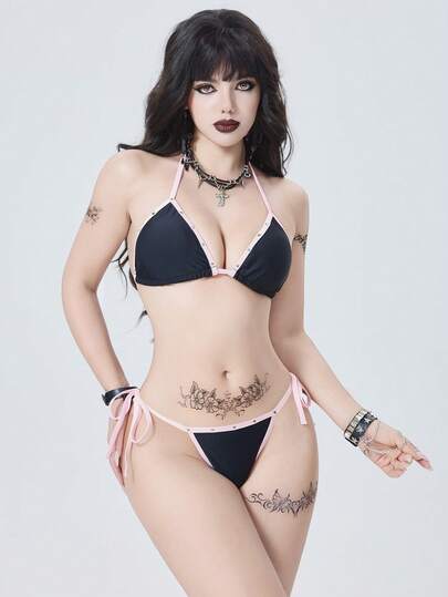 Goth Set bikini a 2 pezzi, stile gotico punk Y2K, per donne, decorazione con rivetti, contrasto di colori, lacci con fiocco, coppa triangolare, elegante e romantico, sexy, adatto per spiaggia, vacanza, festa, uso quotidiano
