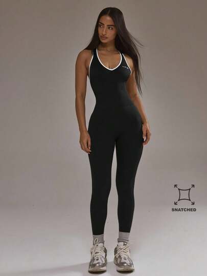 Musera Sport Contrast Trim Plunge Fitted Jumpsuit Padel Winter Activewear Sport Gym Workout