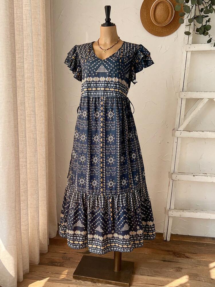 Plus Size Women's Summer Casual Vacation Country Vintage Floral Print Double Layer Ruffle Trim Round Neck Short Sleeve Dress, Spring/Summer,Summer Holiday,Spring Break Outfits ,Vacation Outfits Women ,Holiday Outfits For Women,Going Out Outfits,2026 New Clothes,Simple And Fashionable For Everyday Wear,Casual Dresses For Women,Flowy Long Dress , Boho Dress Women, Women Vacation Dress, French Style Dress, Cottagecore Dress,Suitable For Summer, Vacation, Commute, Daily Wear, Summer Dresses