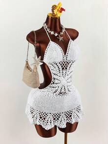 Amplova 女士针织刺绣腰部扭结麻花吊带露背性感蕾丝边迷你连衣裙/半身裙/罩衫 - 白色 - 查看 5