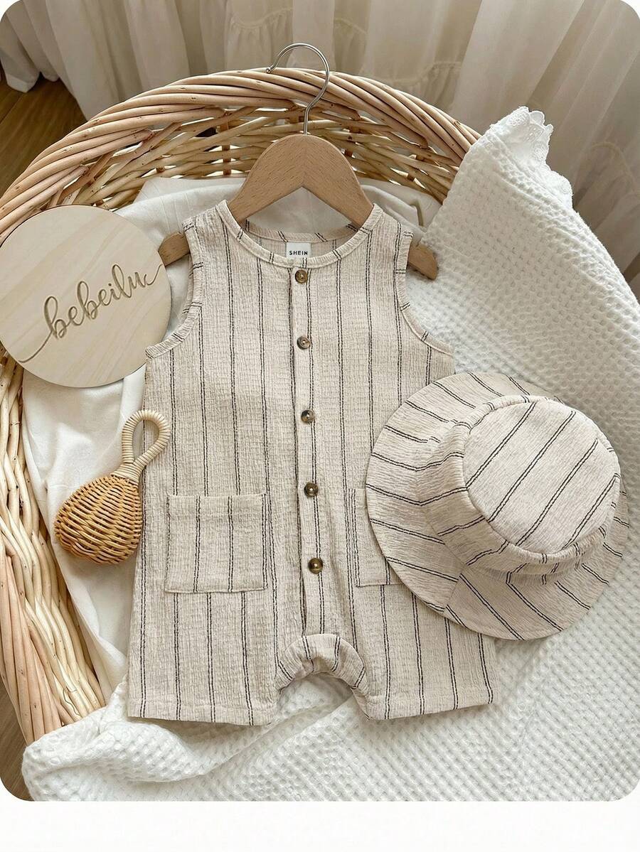Baby Boy Striped Single-Breasted Round Neck Pocket Casual Sleeveless Romper - Multicolor - View 1