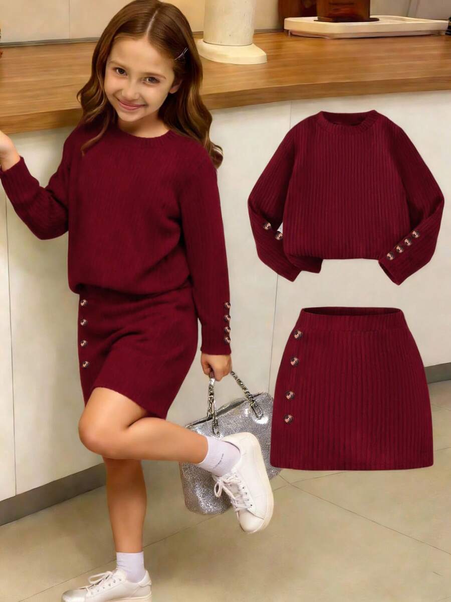 Elladie kids 2pcs/Set Girls (Small) Pink Textured Long Sleeve T-Shirt And Textured Button Skirt - Burgundy - View 1