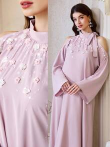 Al Najma 女士3D立体花卉装饰露肩长袖阿拉伯风格连衣裙 - 粉色 - 查看 2