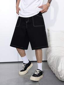 Manfinity Hypemode Stylish Black Washed Wide Leg Denim Bermuda Shorts - Black - View 1