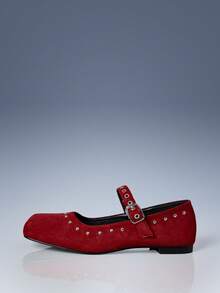CUCCOO GRLICON Women's Casual Buckle Studded Flat Loafers - Red - View 2