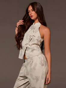 Athîral 女士休闲无袖不对称梭织宽松上衣和阔腿裤两件套，春夏款 - 杏色 - 查看 3