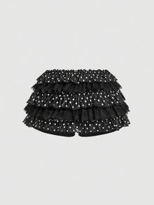 SHEIN MOD 女士黑色蕾丝边网纱多层荷叶边蛋糕短裤 - 黑色 - 查看 3