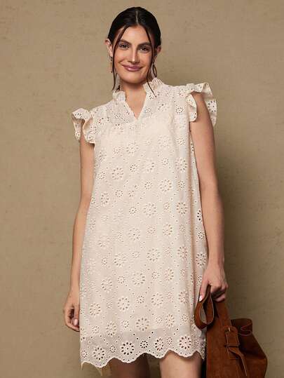 Freevana Plus Size Women Hollow Out Embroidery V-Neck Cap Sleeve Casual Dress