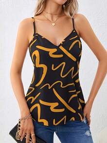 SHEIN Clasi 女士休闲百搭印花吊带背心，适合约会和派对穿着 - 橘色 - 查看 3