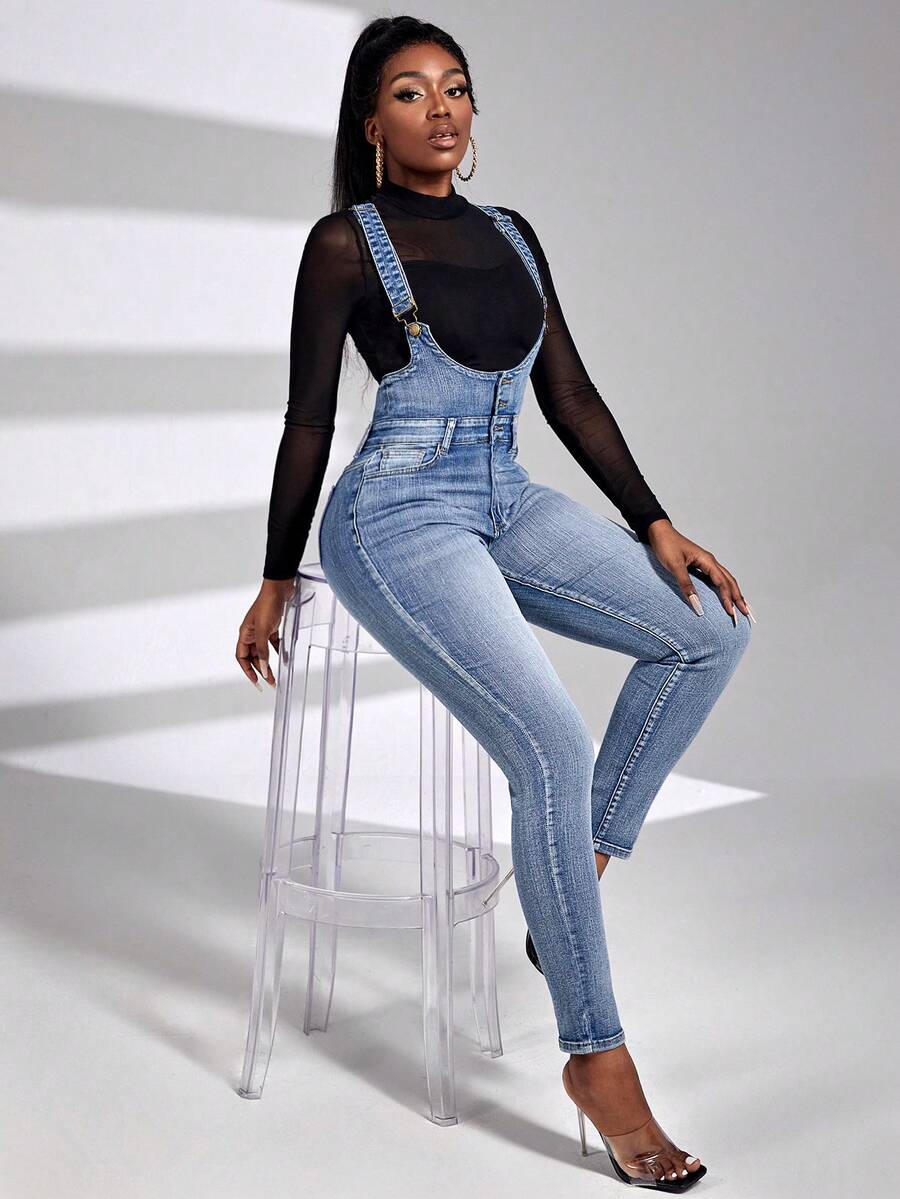 SHEIN SXY Quần yếm denim nữ có túi và cúc, thời trang, đa năng, thích hợp cho hẹn hò và đi chơi. - Rửa nhẹ - Xem 1
