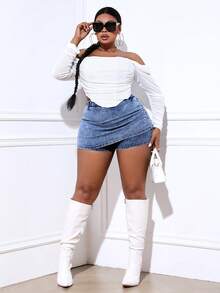 SHEIN SXY Plus Size Solid Color Wrap Tight Denim Skort - Dark Wash - View 6