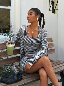 Muchica Striped Knit Women Casual Striped Camisole Top & Jacket & Shorts Set - Blue - View 5