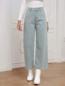 SHEIN Essnce Light Blue Casual Mid-Rise Straight Leg Everyday Jeans - Blue - View 3